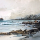 Painting of freighter anchored off Kingston Pier