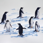 Painting of Adelie penguins on iceberg floating past ship