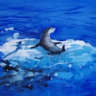 Painting of Leopard seal on iceberg passing ship