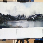 Demonstration painting of Cradle Mountain and Dove lake (from image taken by AJH in snow & sleet)